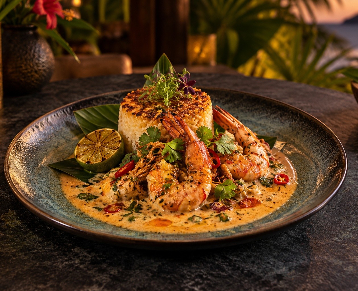 Crevettes sakay coco et riz croustillant