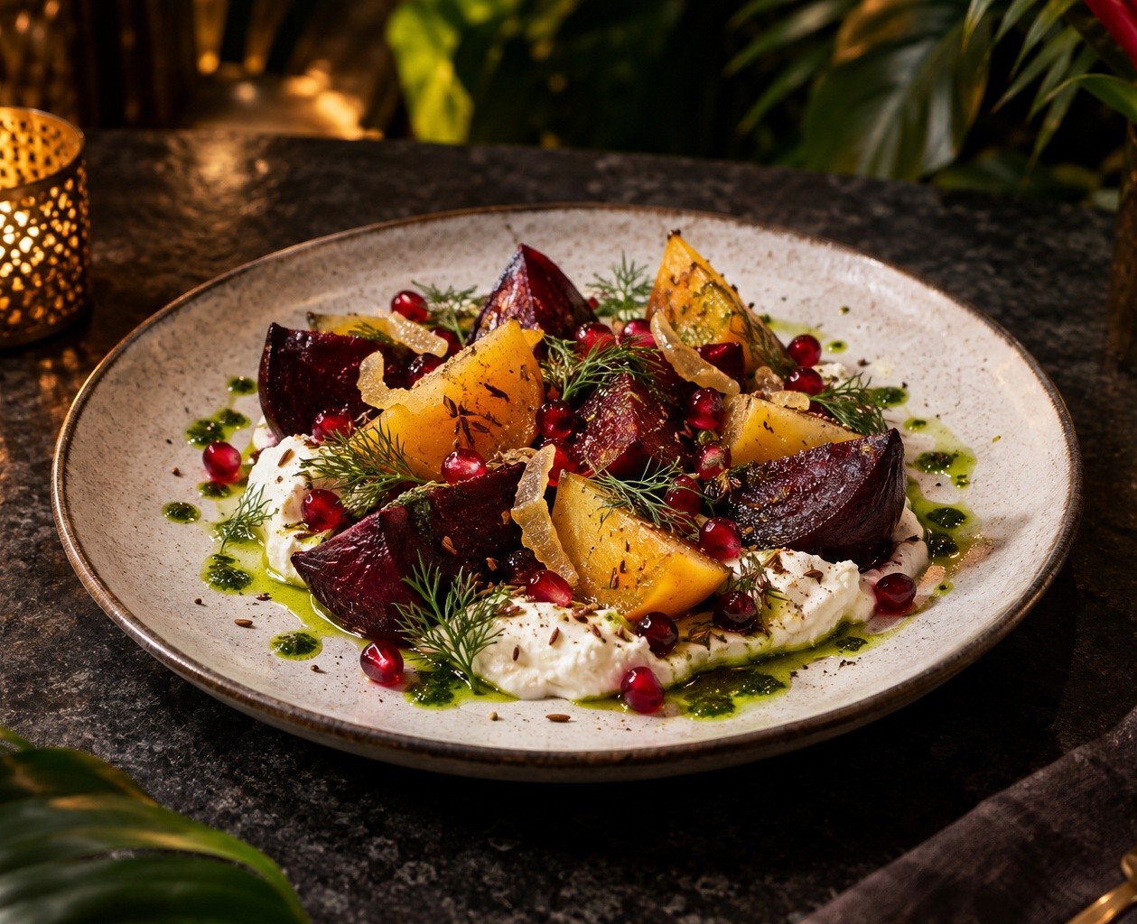 Betteraves rôties labneh et cumin