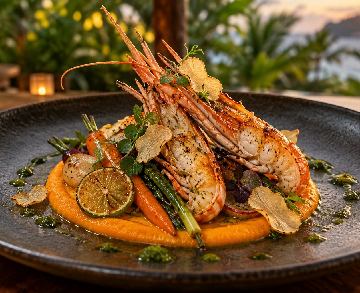 Langoustines au gingembre et mousseline de carottes
