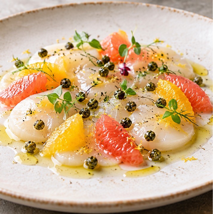 Carpaccio de Saint-Jacques et poivre vert croquant