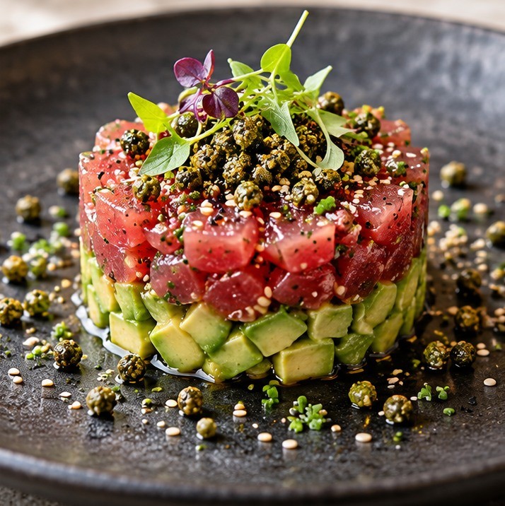 Tartare de thon avocat sésame et poivre vert frit