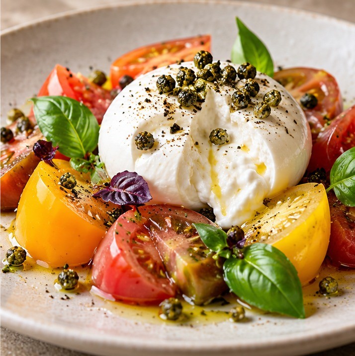 Burrata tomates anciennes et poivre vert frit
