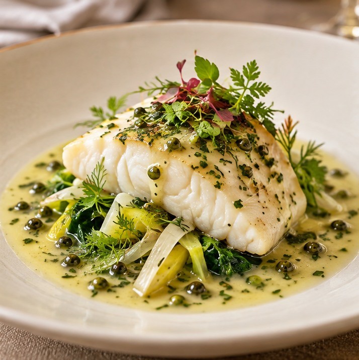 Poisson blanc poché et beurre blanc au poivre vert