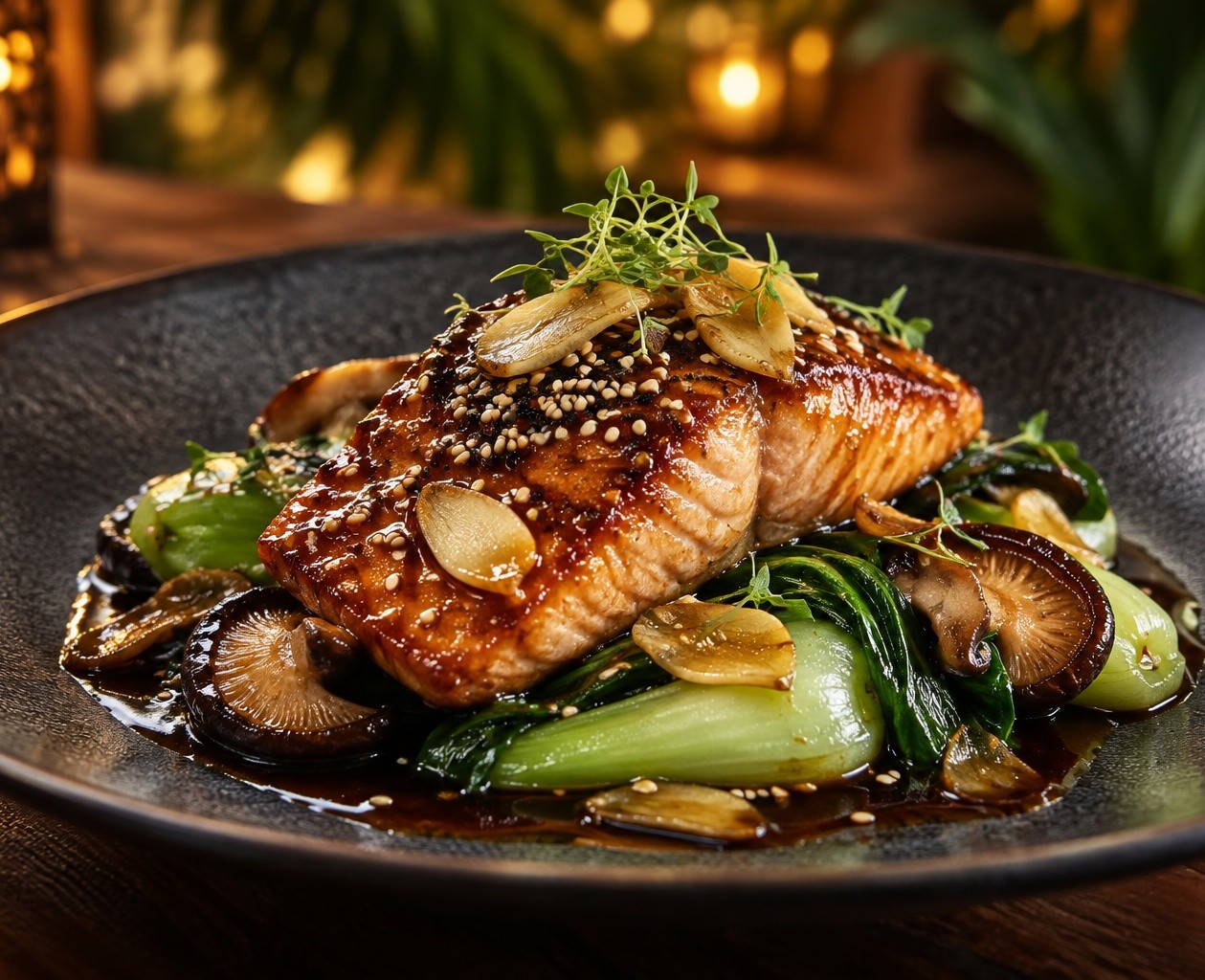 Saumon laqué au gingembre et légumes asiatiques