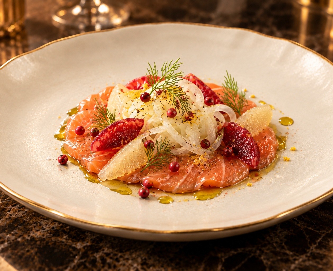 Carpaccio de saumon aux agrumes et baies roses