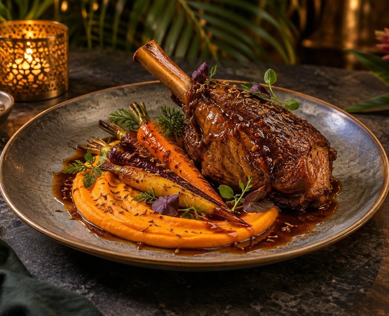 Agneau confit et carottes rôties au cumin