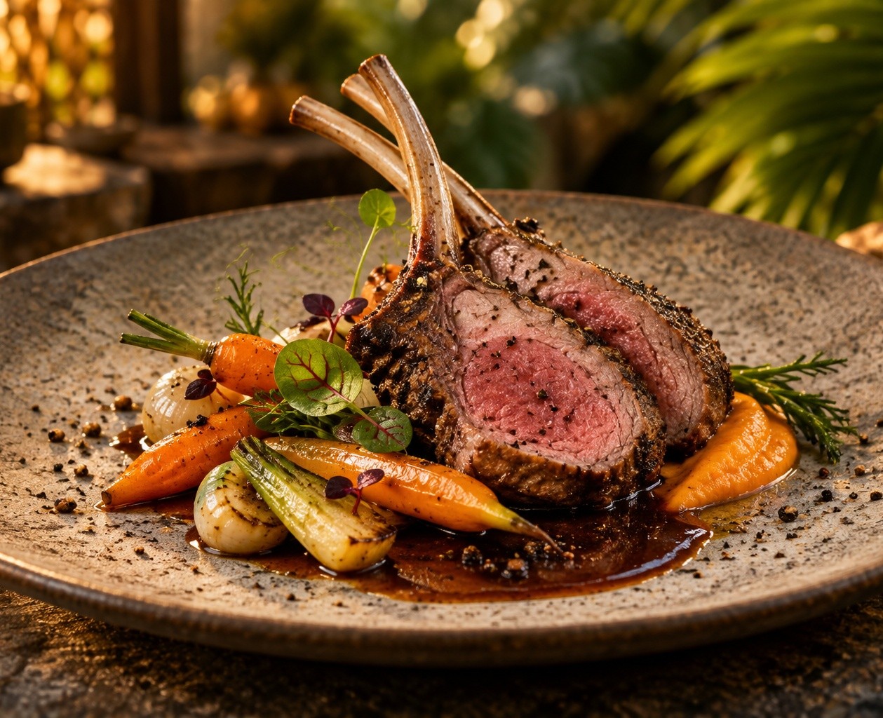 Carré d’agneau et petits légumes au poivre sauvage
