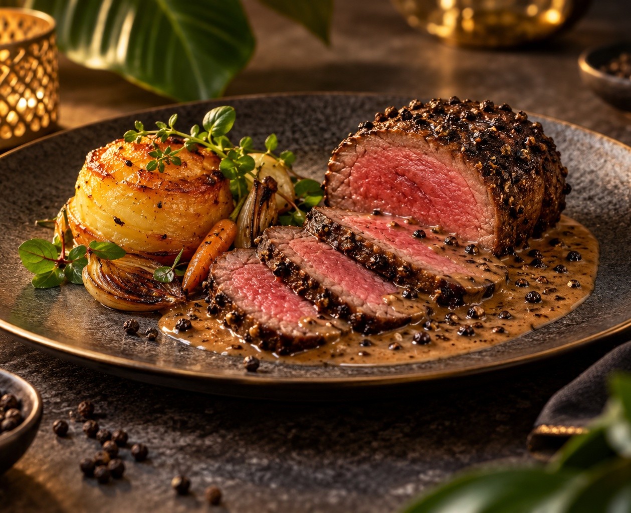 Filet de bœuf au poivre noir et pomme fondante