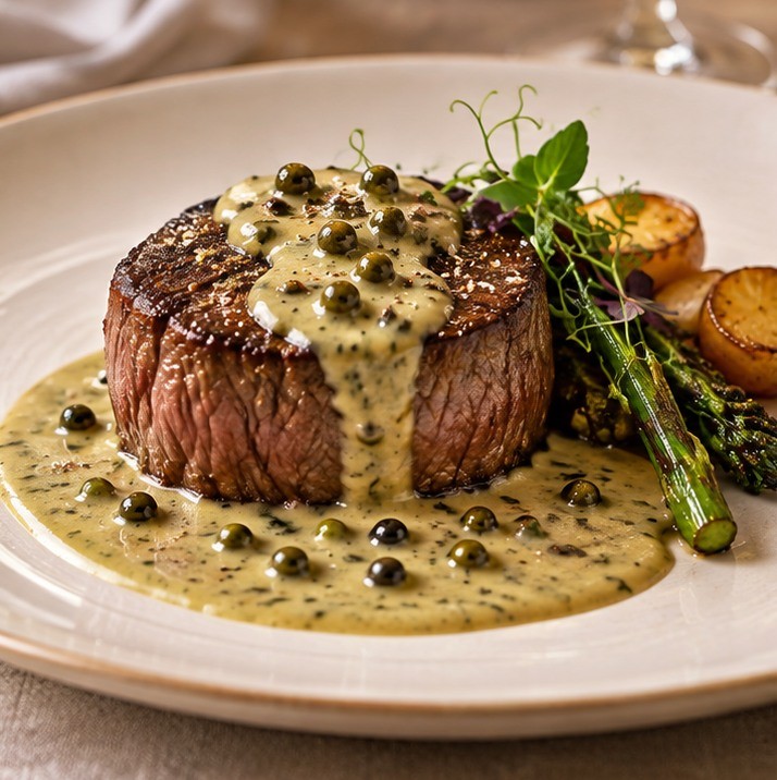 Filet de bœuf et sauce crémeuse au poivre vert