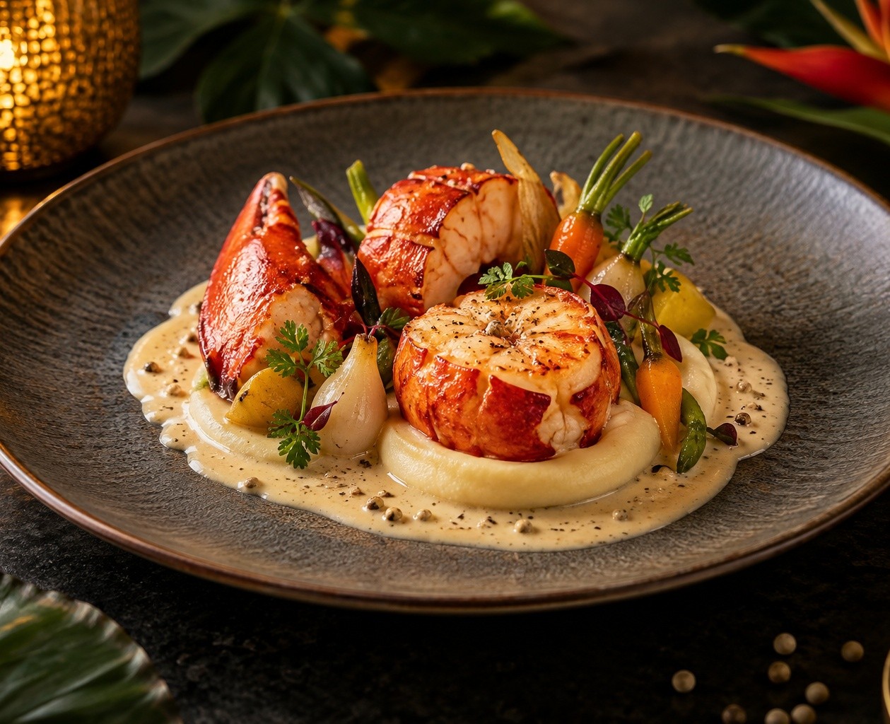 Homard poché au beurre et mousseline de panais