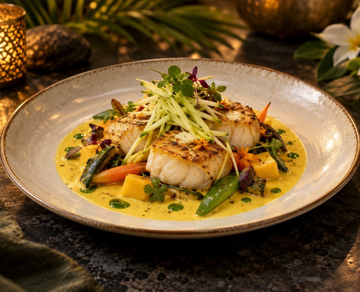 Lotte au curry coco et mangue verte