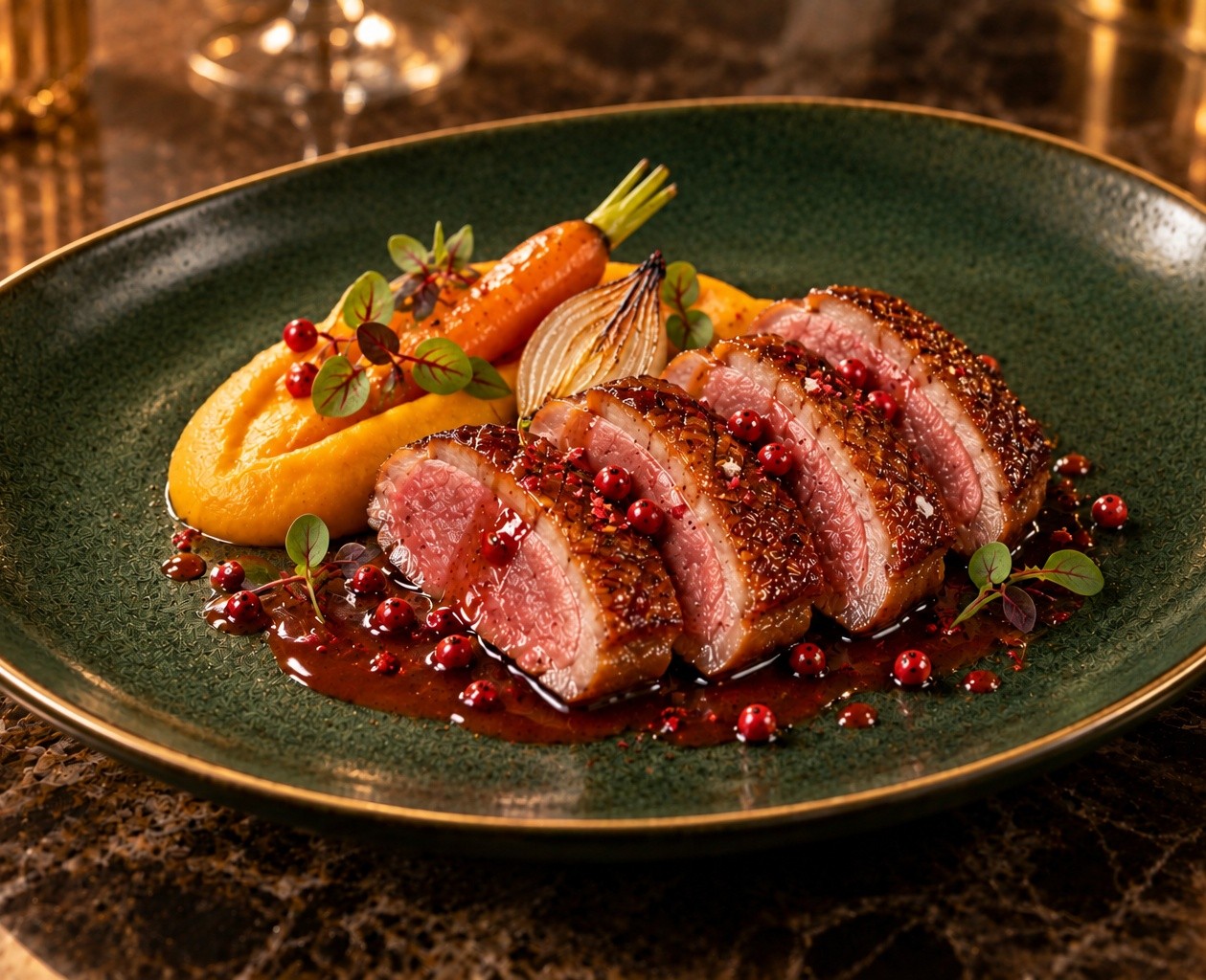 Magret de canard et jus aux baies roses