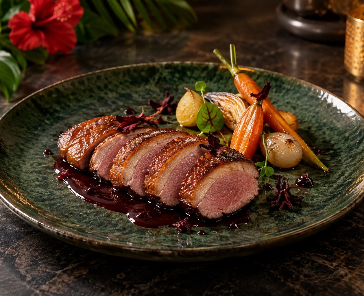 Magret de canard rosé et jus d’hibiscus