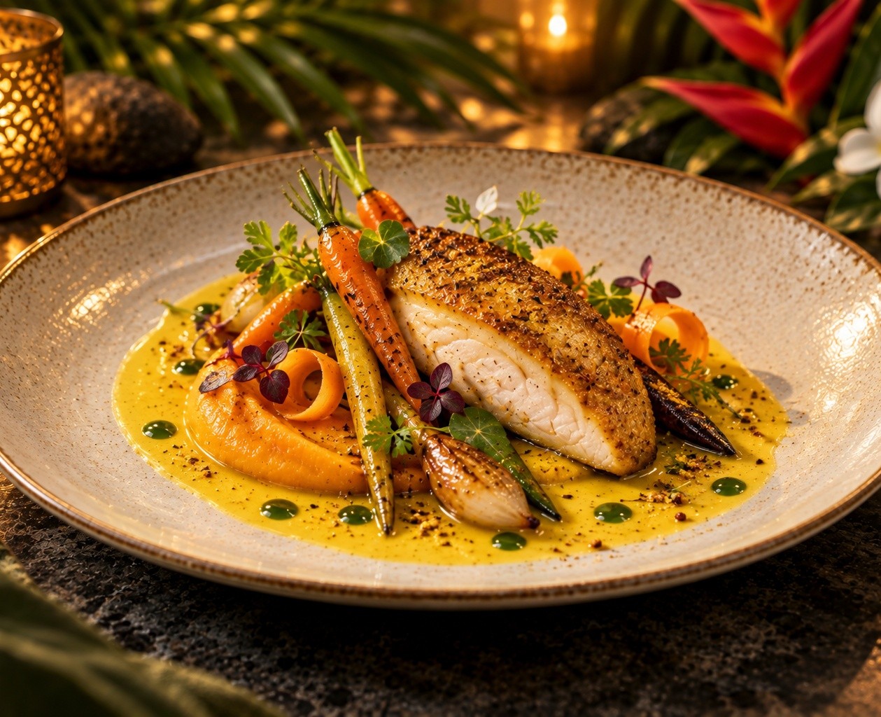 Pintade rôtie au curcuma et carottes glacées